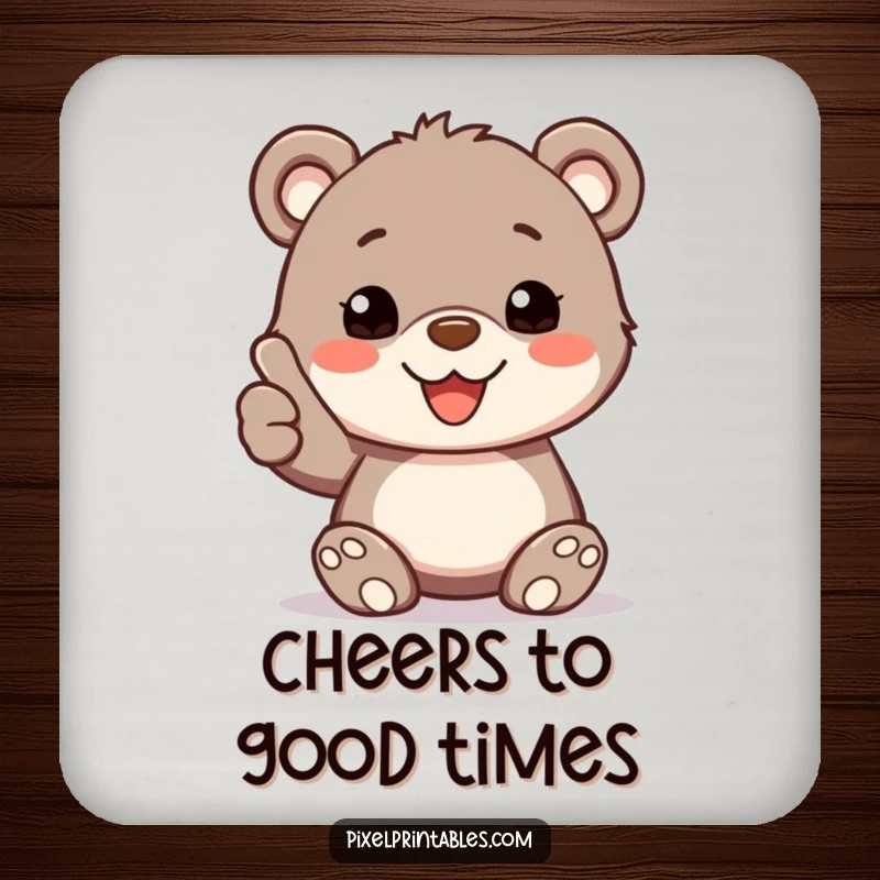 Funny Coaster: A happy bear cub with pixelated fur gives a thumbs up, protecting surfaces with charm.