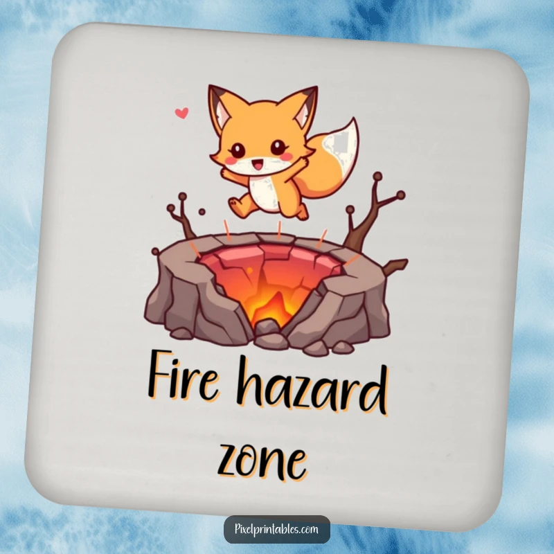 Funny drink coasters featuring a cute fox character leaping over a pixelated lava pit, adding retro gaming charm.
