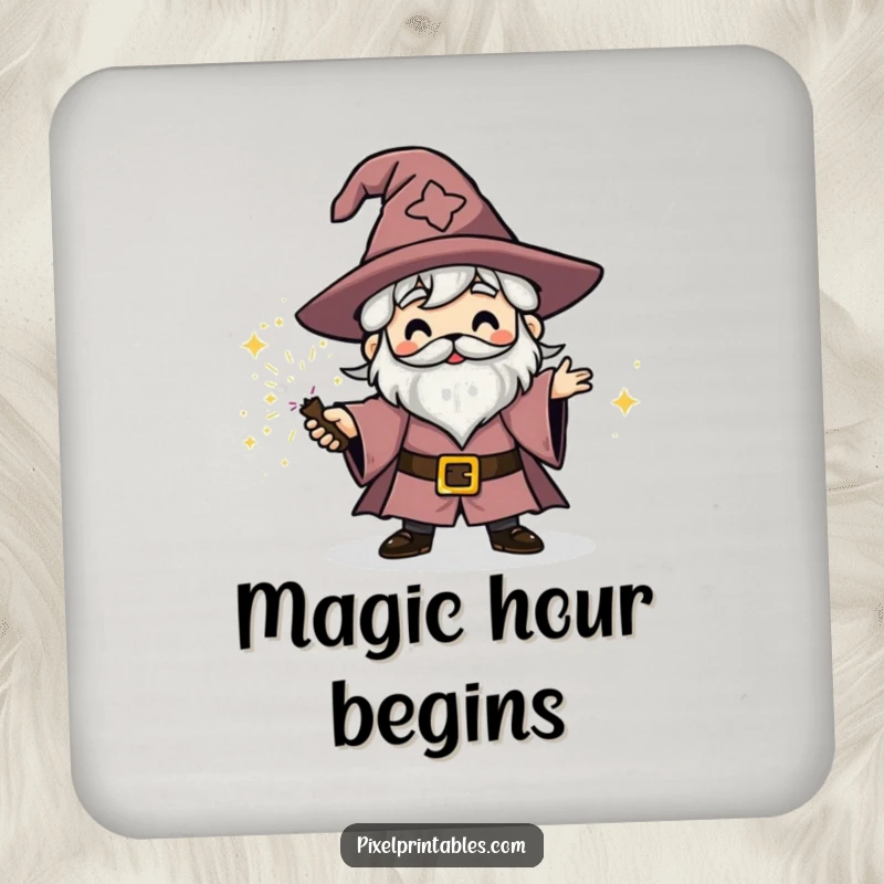 Funny blocky wizard character casting a sparkly spell, protective drink coaster, fantasy pixel art.