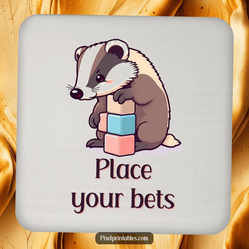 Funny badger stacking pixelated cubes on a coaster. Protects surfaces with humor, perfect funny gift.