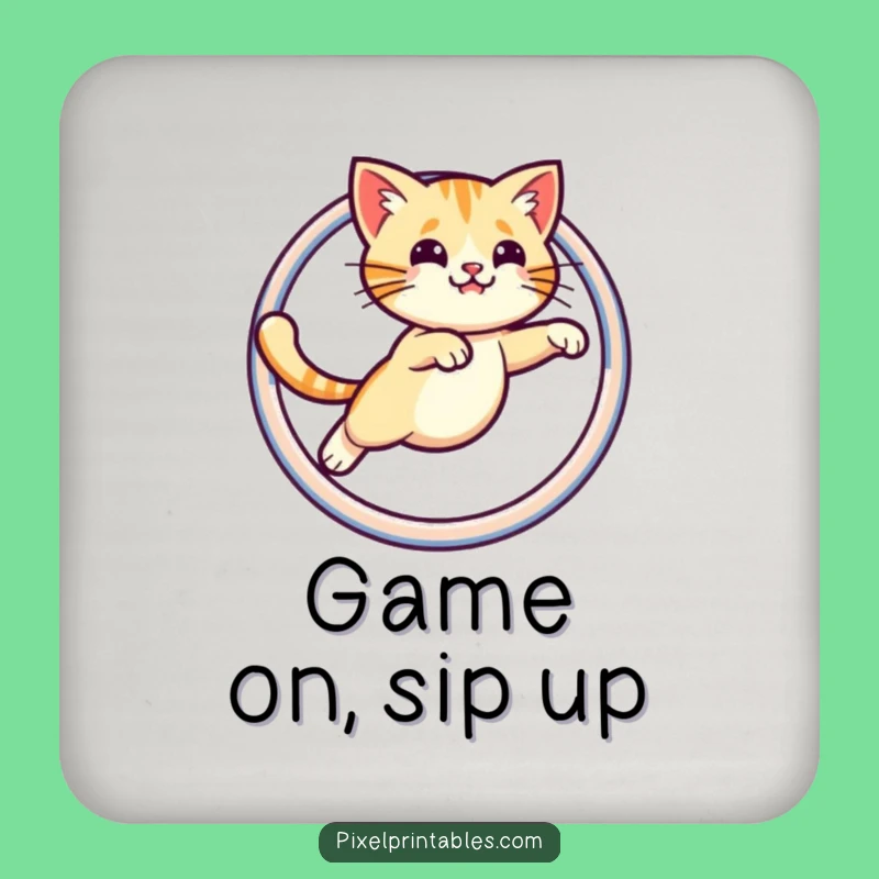 Funny Drink Coaster: Pixel Cat Hoop, Hilarious Retro Decor Gift!