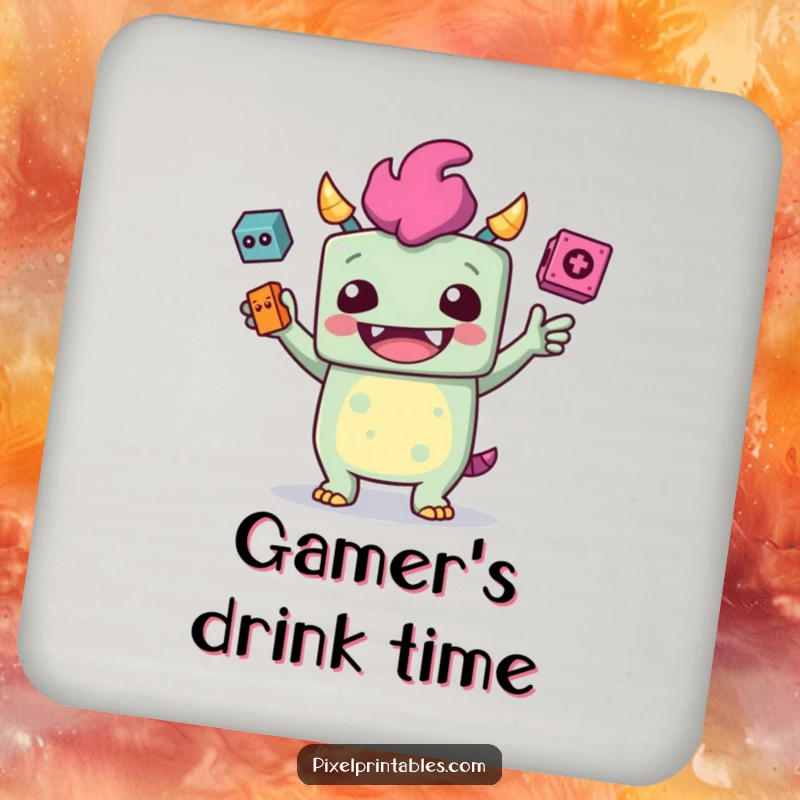 Funny drink coaster with a giggling, blocky monster juggling pixelated objects, bringing pixelated protection.