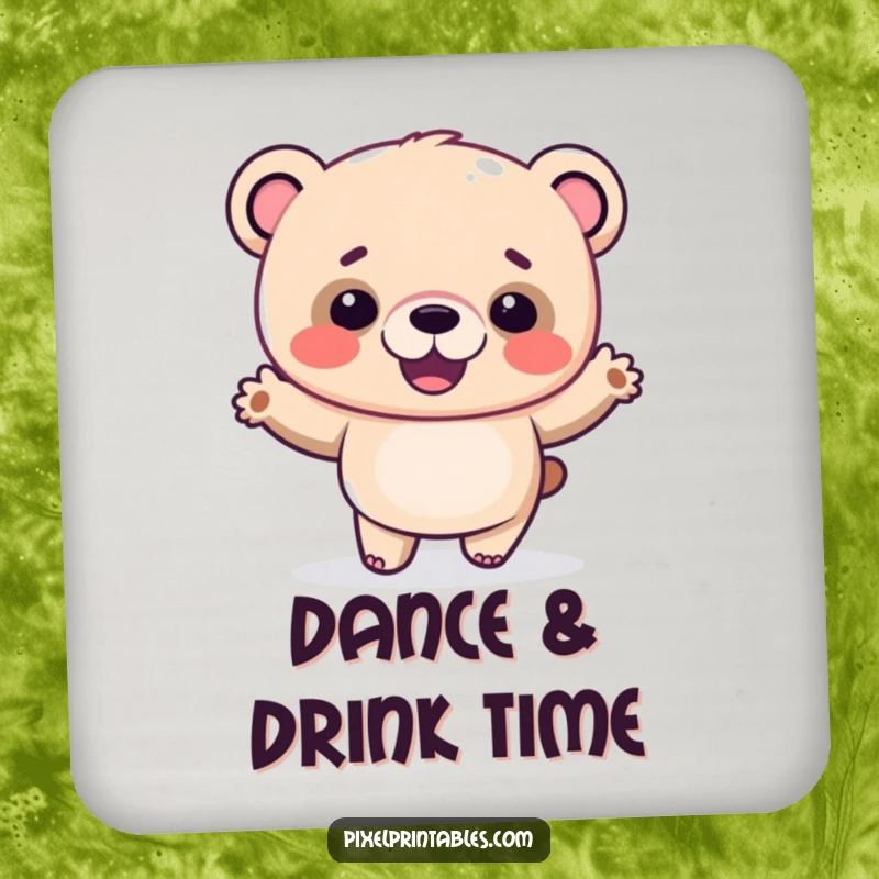Funny pixel bear coaster featuring a giggling pixelated bear doing a silly dance, for playful drink protection.