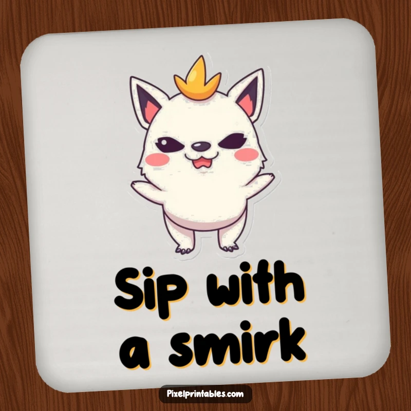 Funny coaster with a mischievous pixelated creature making a funny face, protecting tables with playful style.