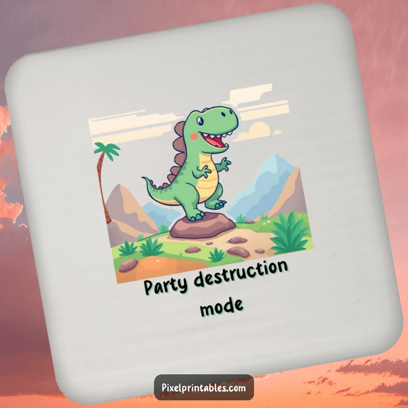 Funny drink coaster featuring a pixelated dinosaur stomping, protecting surfaces with retro gaming style.