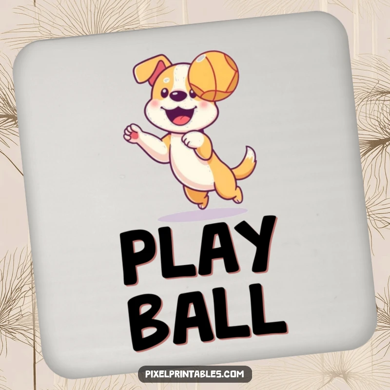 Funny coaster displaying a pixelated dog catching a ball, protecting furniture with nostalgic gaming art.