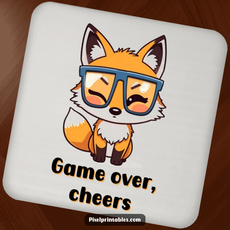Funny Pixel Fox Drink Coaster: A winking pixelated fox adjusting pixel glasses, protecting surfaces with retro fun.