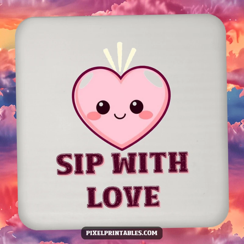 Funny Pixel Heart Drink Coasters, a smiling pixelated heart character pulsing with gentle light, protecting surfaces.