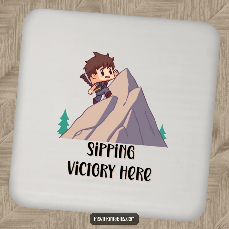 Funny drink coaster showing a blocky pixel adventurer character climbing a pixel mountain, a humorous and protective addition to any table.