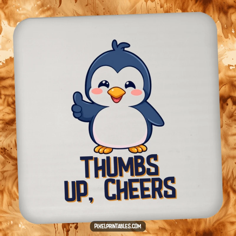 Funny drink coaster featuring a playful pixelated penguin giving a pixelated thumbs up, offering surface protection with retro appeal.