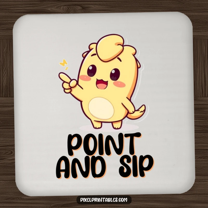 Funny drink coaster with a pixelated character pointing enthusiastically. Protects surfaces with curiosity.