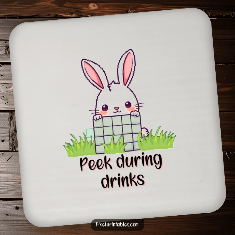 Funny pixel rabbit coaster featuring a curious pixelated rabbit peeking from behind a pixel, for playful drink protection.