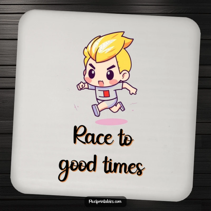 Funny drink coaster with a determined pixel character with bold outlines racing in a pixelated competition, protecting surfaces.