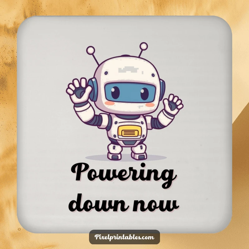 Funny Pixel Robot Coaster: Cute pixelated robot waving hello, retro pixel art coaster, protects surfaces.