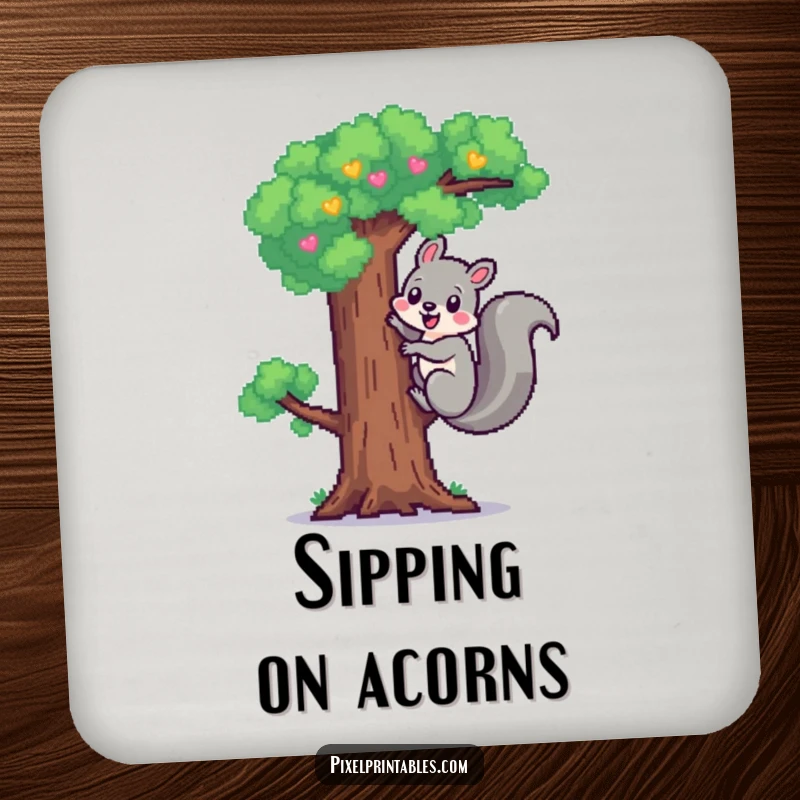 Funny Pixel Squirrel Coaster: Cheerful pixelated squirrel climbing a pixel tree, pixel art coaster, protects surfaces.
