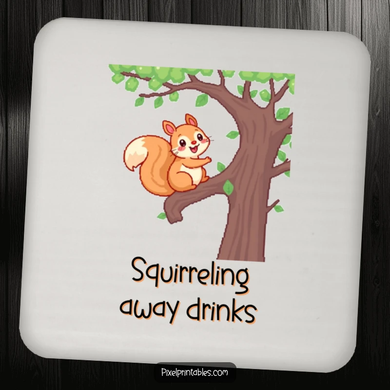 Funny Pixel Squirrel Drink Coasters showcasing a cheerful, pixelated squirrel climbing a pixelated tree, perfect for protecting surfaces.