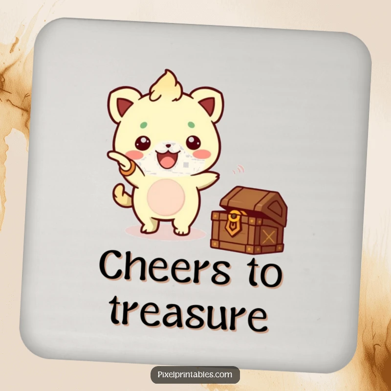 Funny Pixel Creature Treasure Drink Coasters, a cute pixelated creature pointing to a treasure chest, protecting tables.