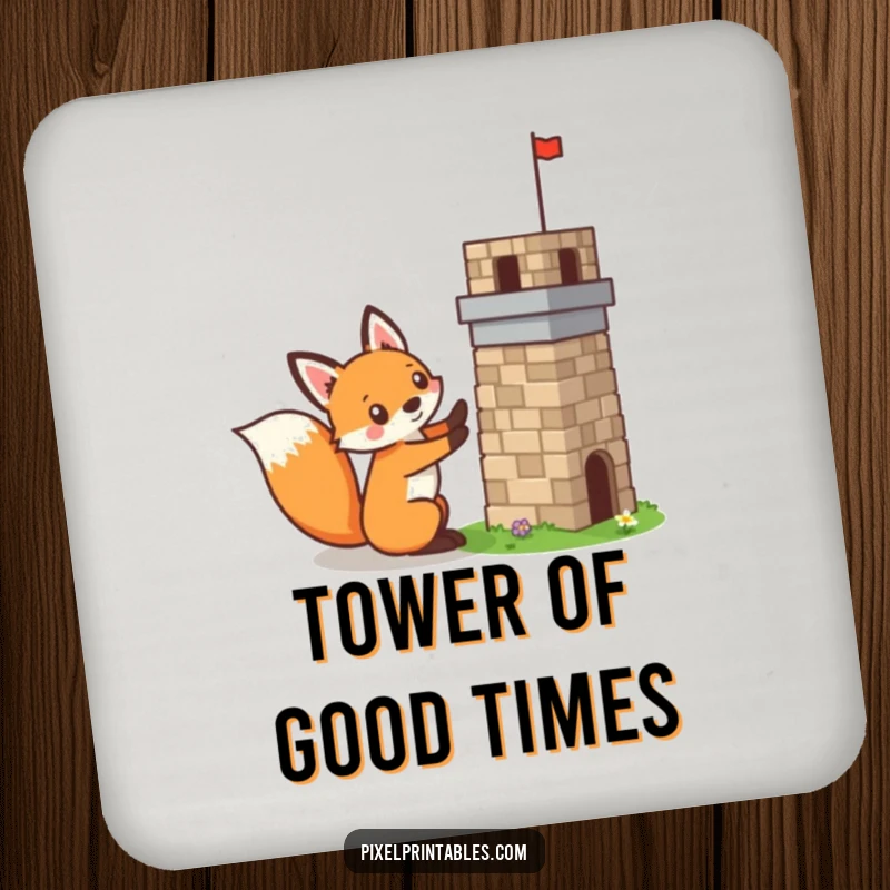 Funny pixelated fox building a tiny pixelated tower, mischievous expression, retro pixel art drink coaster, protective surface.