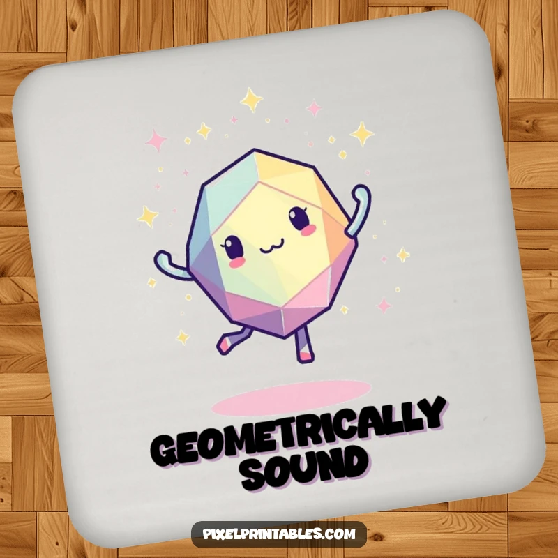 Funny pixelated geometric shape dancing with tiny pixelated sparkles, retro drink coaster.