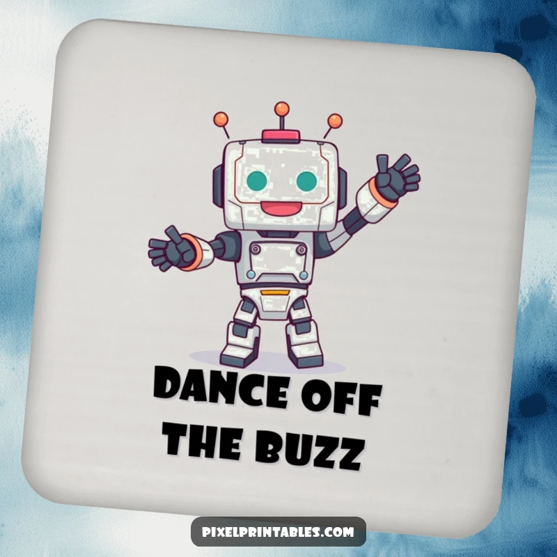 Funny drink coaster featuring a cute, blocky robot character performing a joyful dance, adding humor to your table.