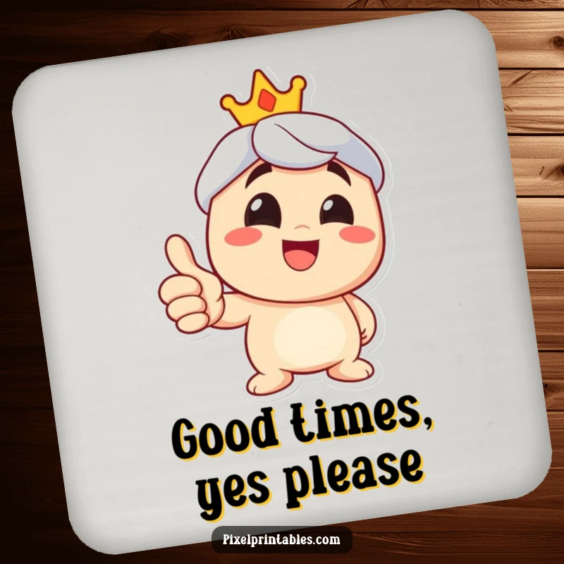 Funny thumbs up coasters showing a happy character with a big grin, perfect for protecting furniture with style.