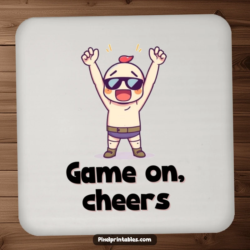 Funny Pixel Art Victory Drink Coasters, a pixelated character celebrating with arms raised high, protecting surfaces.