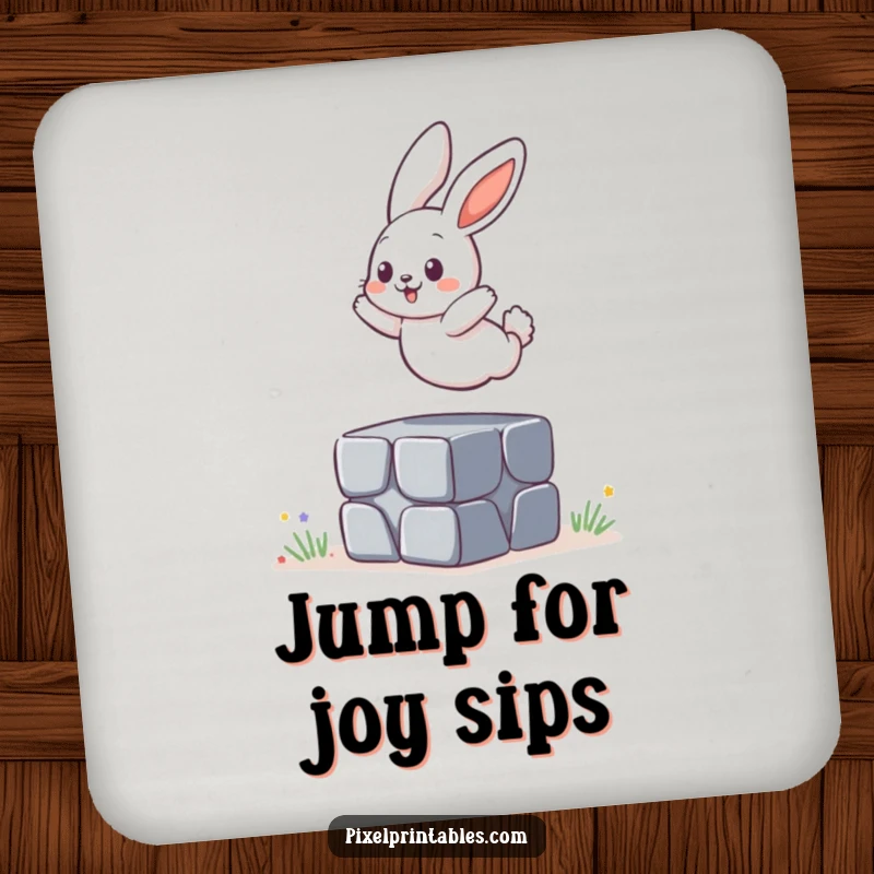 Funny Coaster: A playful bunny jumping over a pixelated block, protecting surfaces with charm and fun.