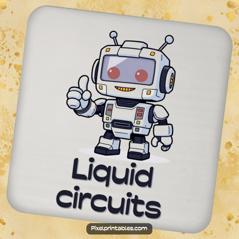 Funny drink coaster featuring a blocky pixelated robot giving a thumbs up, perfect for humorous surface protection.