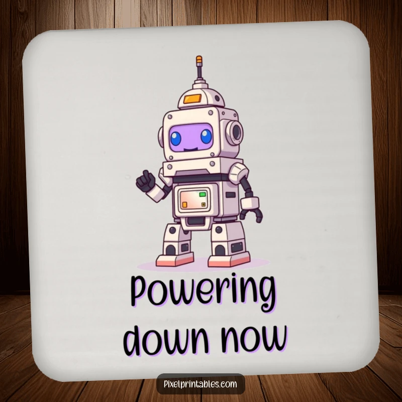 Funny Robot Coaster, a determined robot smiles while building pixel art, protecting surfaces with style.