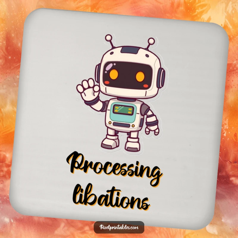 Funny Pixel Robot Drink Coasters showcasing a cute, happy, pixelated robot waving, perfect for protecting surfaces with retro style.