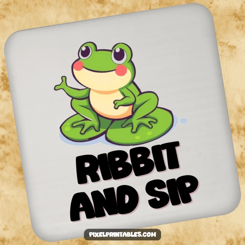 Funny Pixel Frog Drink Coaster: A happy pixelated frog hopping on pixel lily pads, protecting surfaces with retro fun.