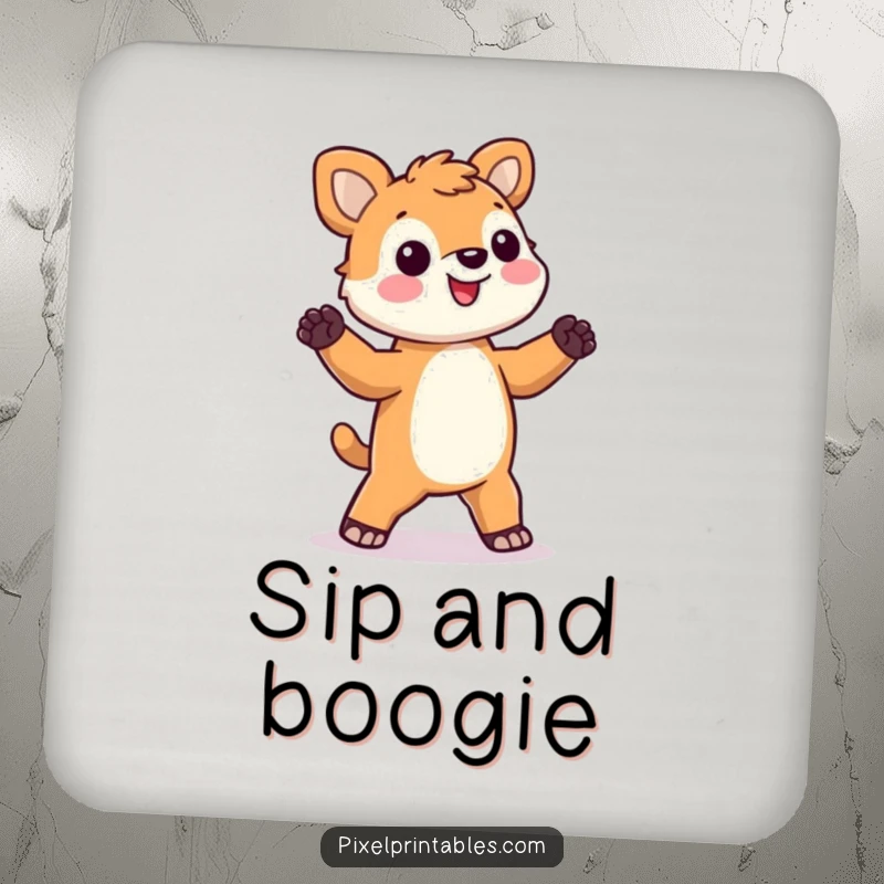 Funny pixel animal coaster featuring a happy, blocky animal dancing silly, perfect for protecting surfaces with humor.