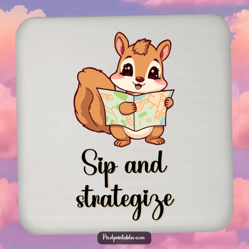 Funny squirrel and pixelated map design on a coaster. Protects surfaces with humor, perfect funny gift.