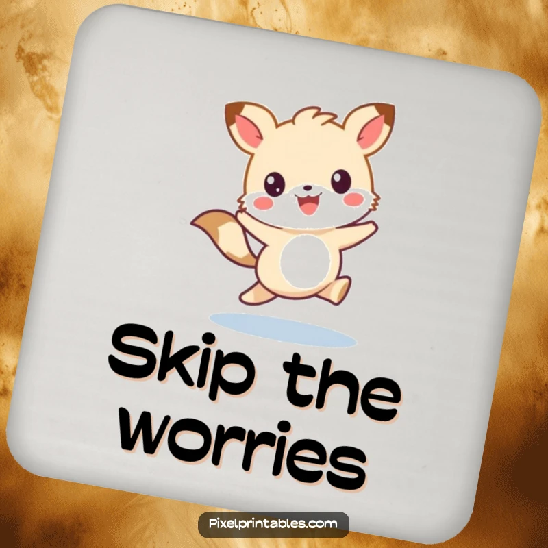 Funny drink coaster featuring a cute pixelated animal character skipping with joy, perfect for adorable surface protection.