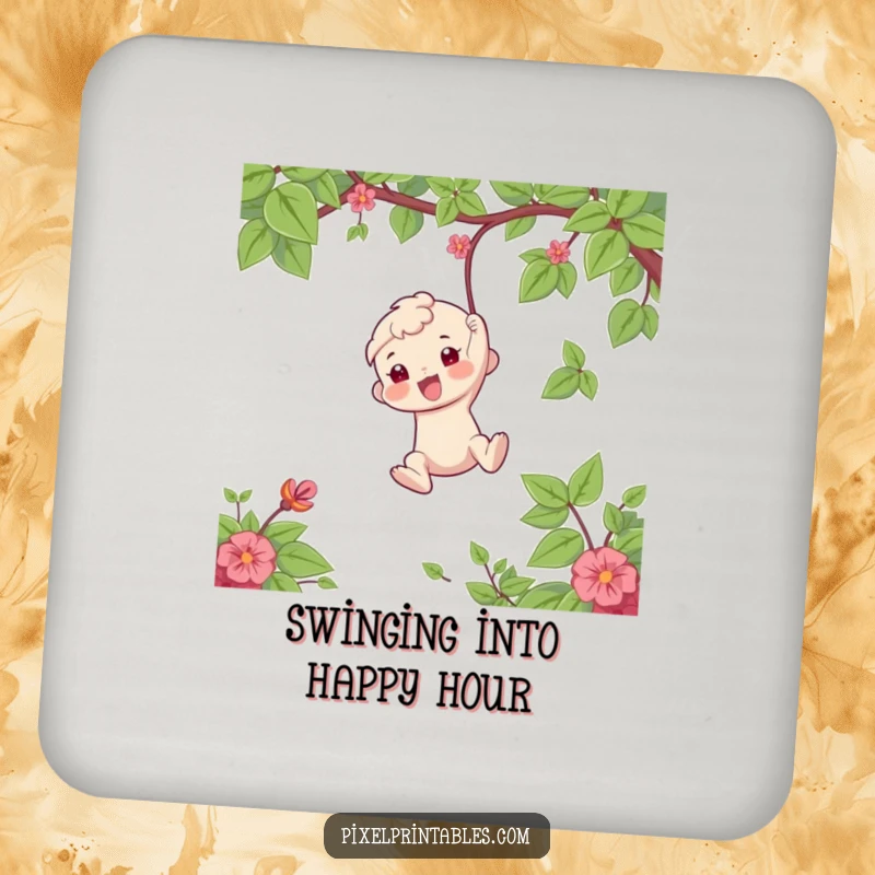 Funny Coaster: Character swinging from a vine, bringing playful humor and protection to drinks, a practical and funny gift.