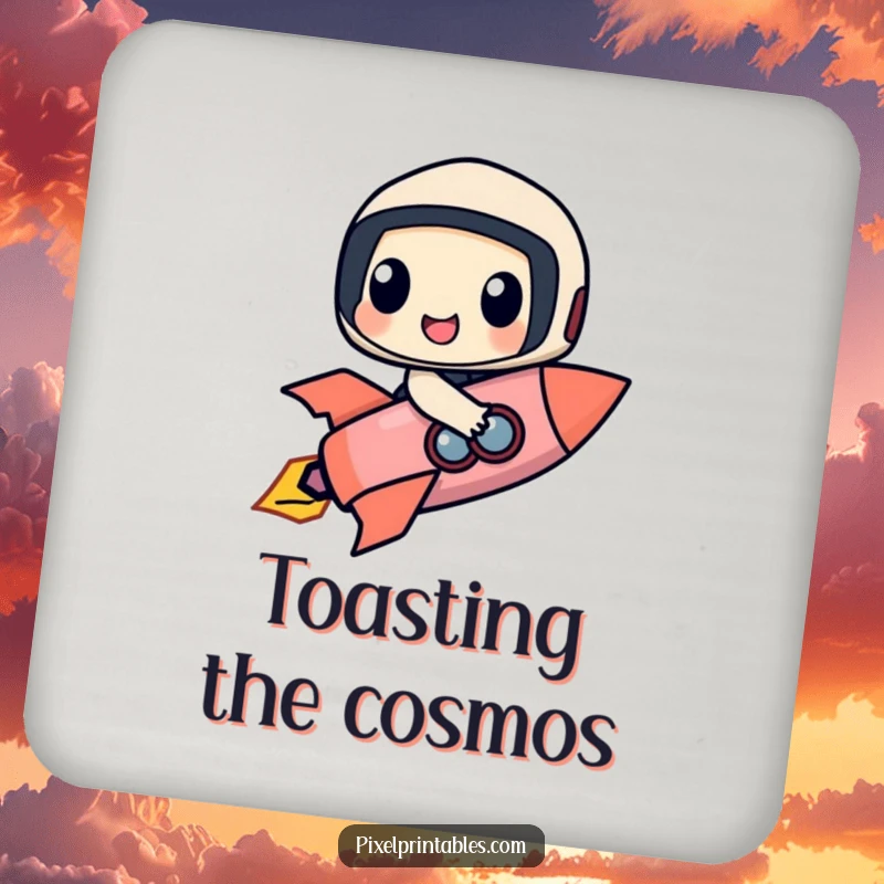 Funny drink coaster with a happy pixel character with geometric forms riding a pixelated rocket, protecting surfaces with cosmic flair.