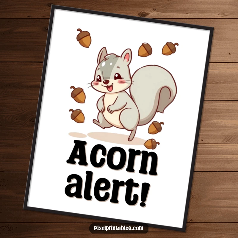 Funny squirrel character in mid-action, dodging pixelated acorns, a dynamic and humorous retro gaming poster.
