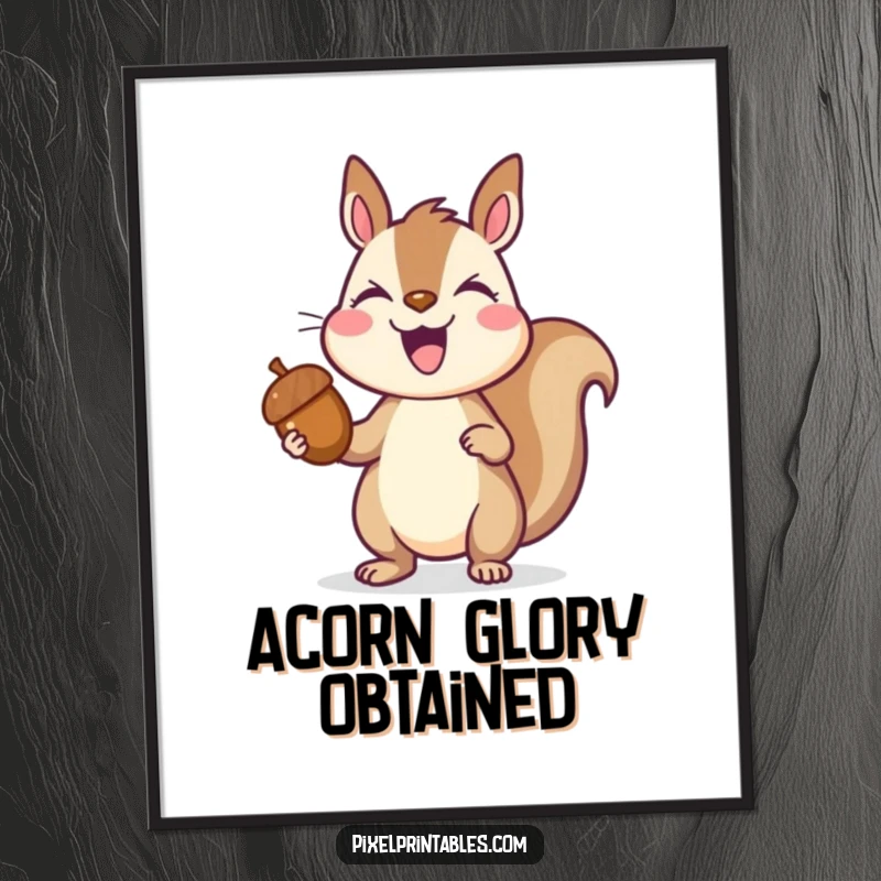 Funny pixelated squirrel triumphantly holding a pixelated acorn, joyful expression, retro pixel art poster, vibrant gamer decor.