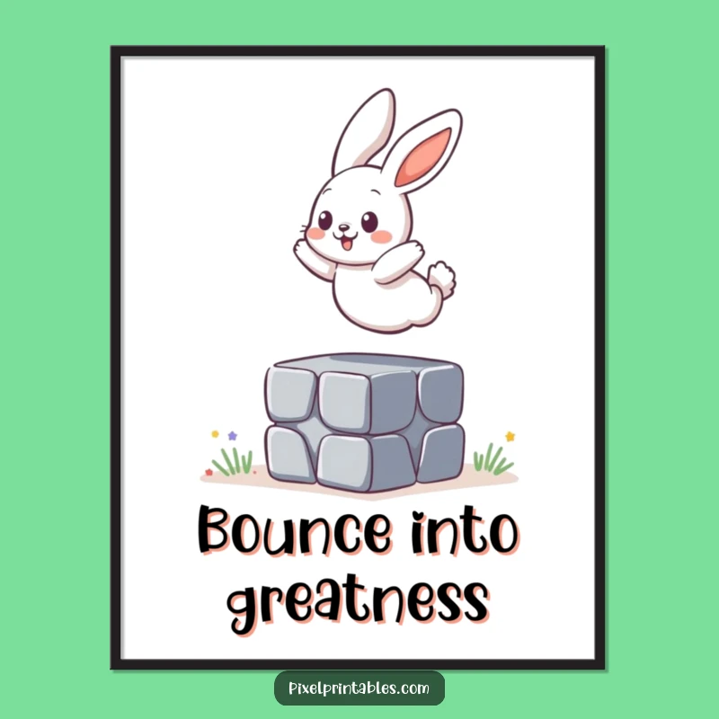 Funny Pixelated Bunny Jumping Poster, Energetic Funny Gift Decor