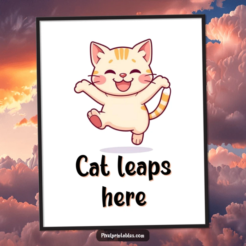 Funny Pixel Cat Poster: Adorable pixelated cat mid-leap with a smile, cute pixel art wall decor.