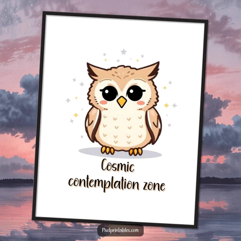 Funny pixelated owl poster showing a curious owl studying a vast pixelated star map, a vibrant piece of geeky wall art.