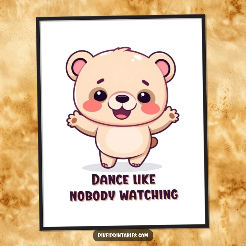 Funny pixel bear poster showing a giggling pixelated bear performing a silly dance, perfect for joyful wall art.