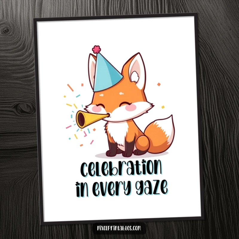 Funny Poster: A cute fox wearing a party hat gleefully blows a confetti horn, creating a festive and joyful scene.