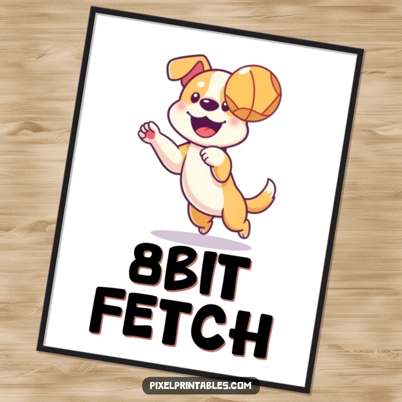 Funny poster featuring a pixelated dog catching a ball mid-air, evoking retro gaming nostalgia and canine joy.