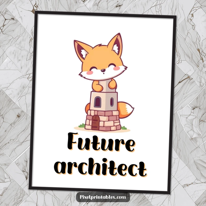 Funny pixelated fox building a tiny pixelated tower, a retro gaming art poster showcasing playful mischief and pixelated construction.