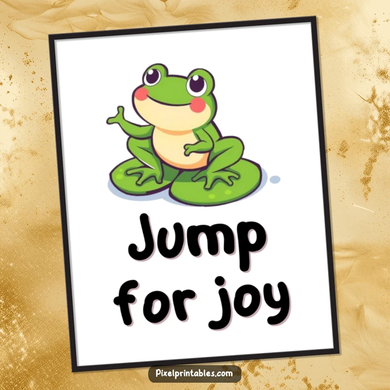 Funny Pixel Frog Poster: A happy pixelated frog mid-hop on pixel lily pads, creating vibrant retro gaming wall art.