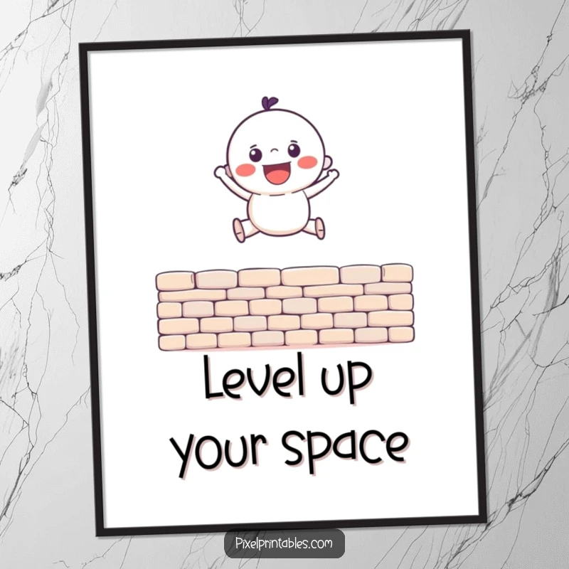 Funny Poster of a gleeful pixel character leaping over a pixel wall, perfect for dynamic and humorous retro wall art.