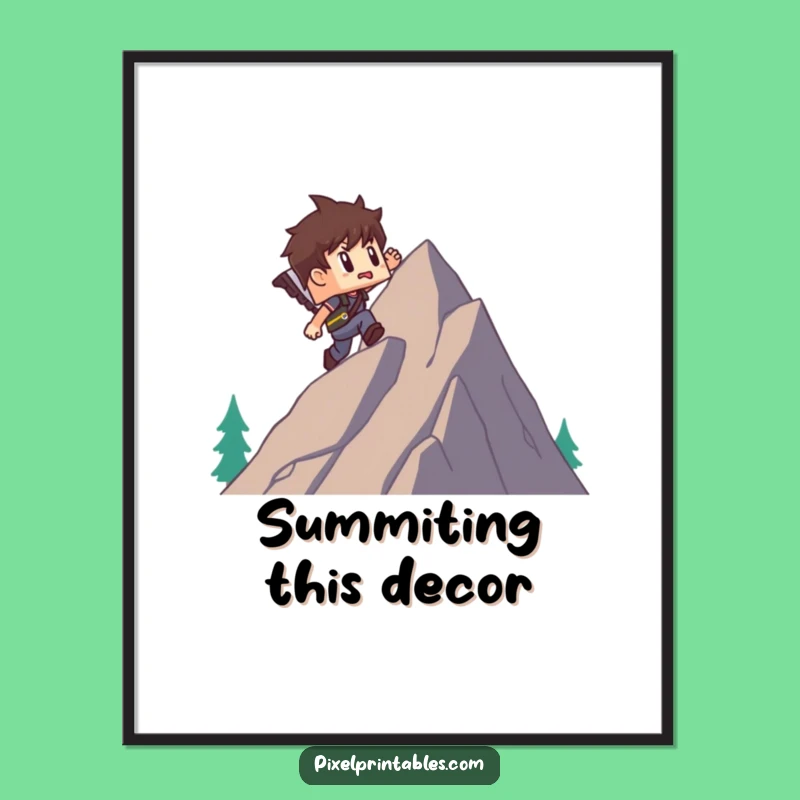 Funny Pixel Mountain Poster: Blocky Adventurer's Epic Climb, Vintage Funny Wall Art Gift