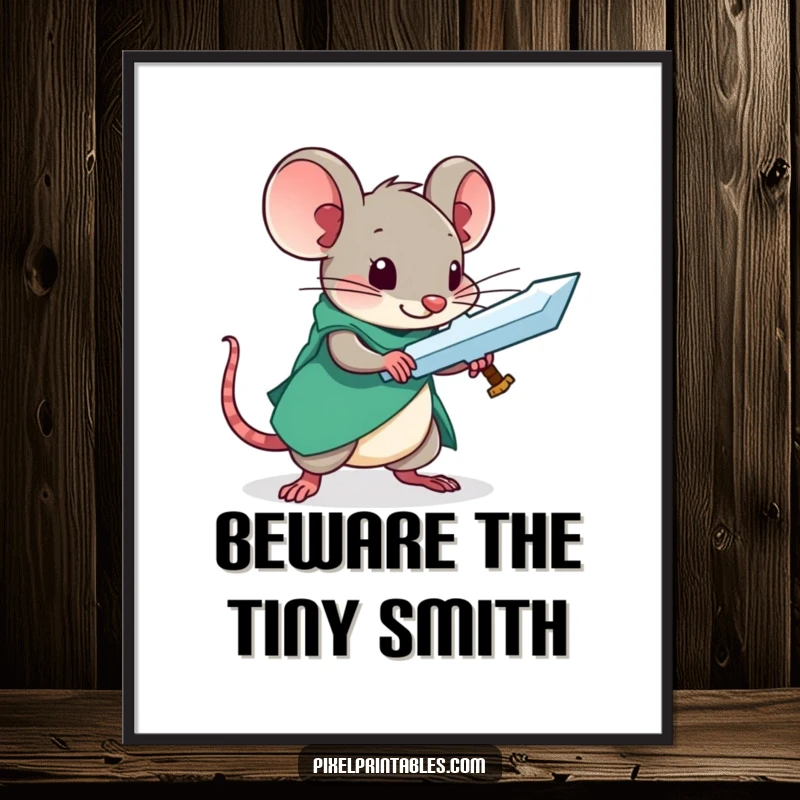 Funny poster print of a curious mouse intently crafting a pixelated sword, evoking fantasy and dedication.