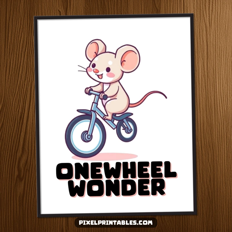 Funny poster featuring a giggling pixelated mouse riding a pixelated unicycle, ideal for fans of retro gaming and charming characters.